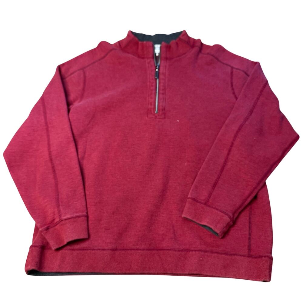 Tommy Bahama Sweater Mens L Gray Red Reversible Quarter Zip Knit Pullover